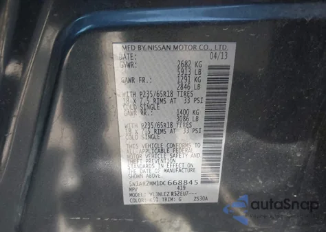 2013 Nissan Pathfinder Sv z USA, uszkodzony, nr VIN 5N1AR2MM1DC668845